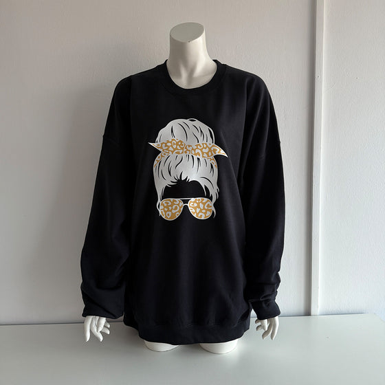 Messy Bun Gold Leopard Black Sweatshirt